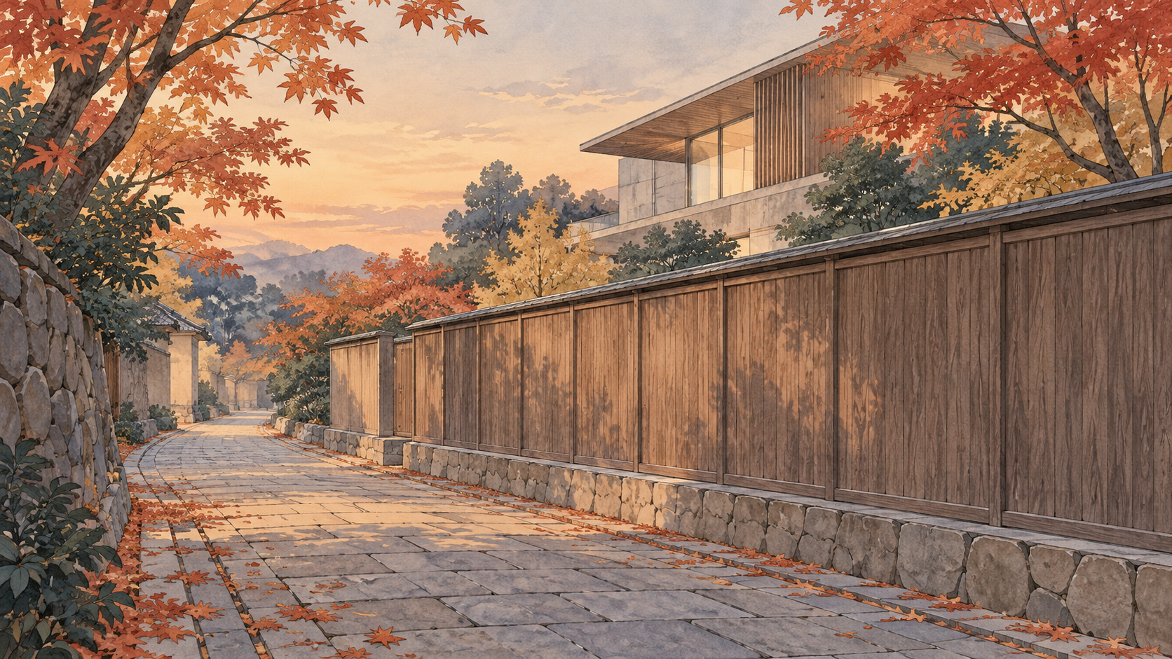 京都の路地を歩くイメージのイラスト