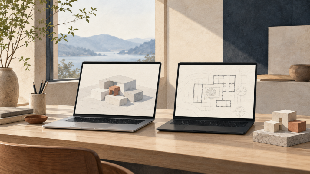 MacとWindowsのノートPCを並べたイメージイラスト