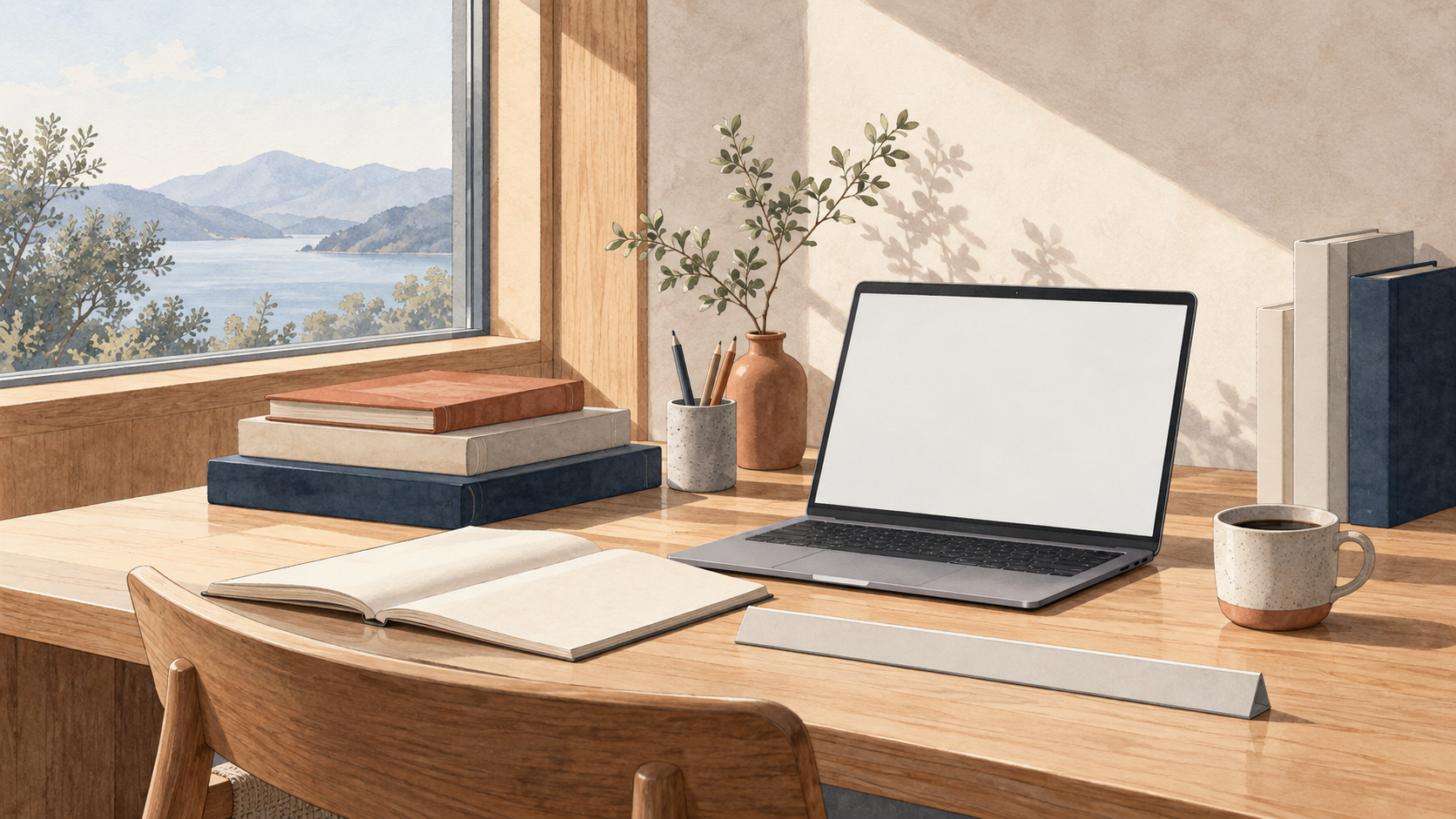 学習机と本、ノートPCのイメージイラスト