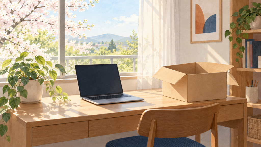 入学準備の机とノートPCのイメージイラスト