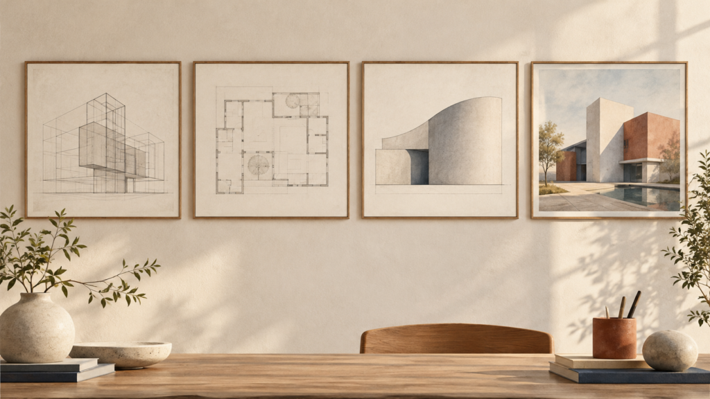 壁に並ぶ4枚の建築の絵のイメージイラスト